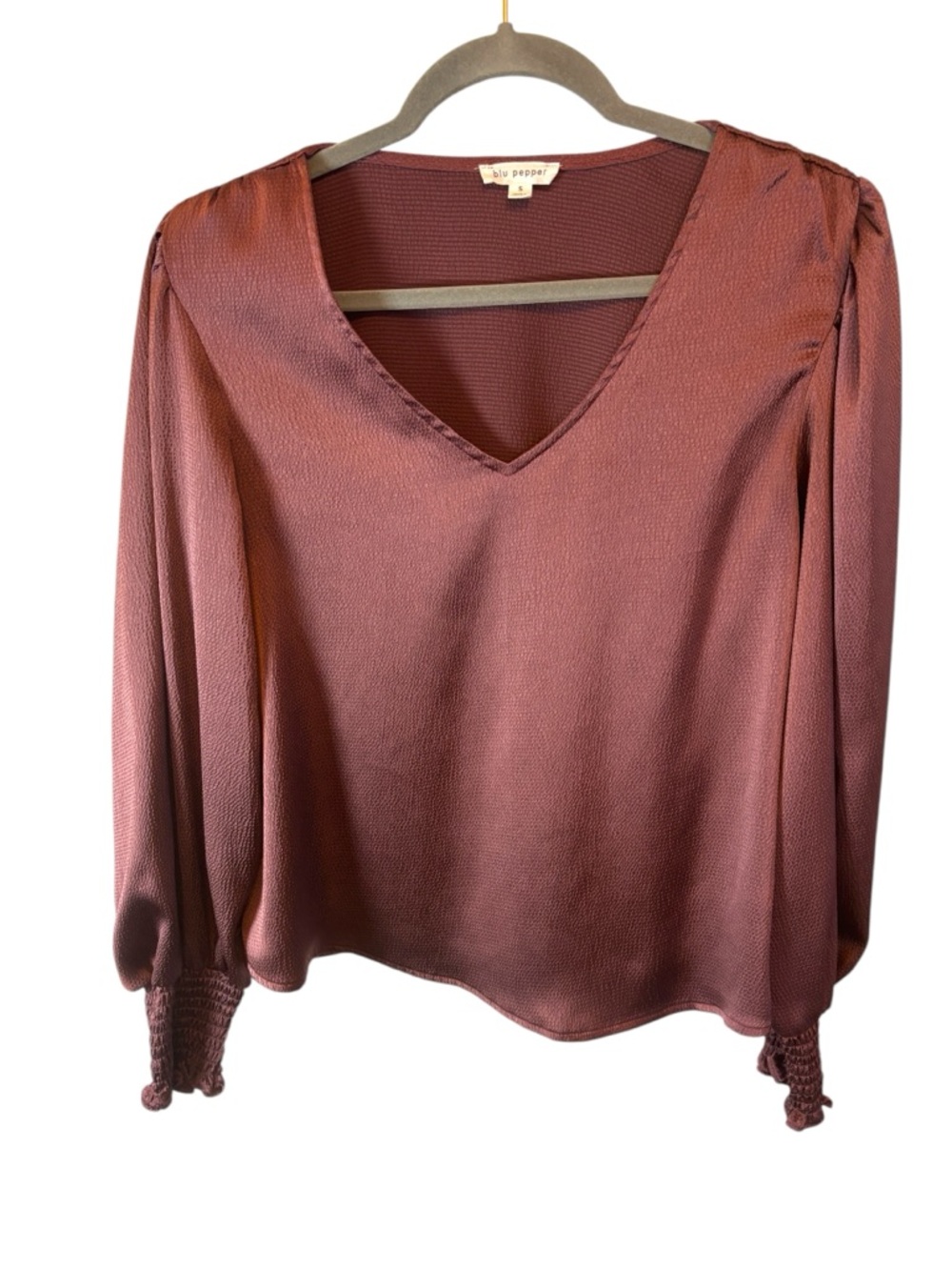 Blu Pepper Mauve V-Neck Long-Sleeve Blouse textured pink red rust Size Small